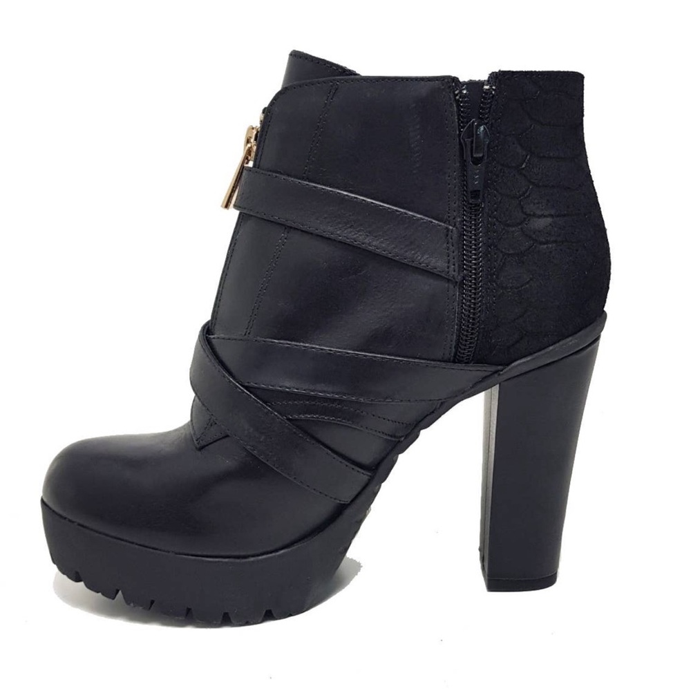 BLACK GENUINE LEATHER AND SNAKESKIN ANKLE BOOTS WITH GOLD BUCKLES - Picture 3 of 3